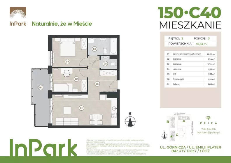 3 pokoje, mieszkanie 59,77 m², piętro 3, oferta nr 150, InPark, Łódź, Bałuty, ul. Górnicza 31