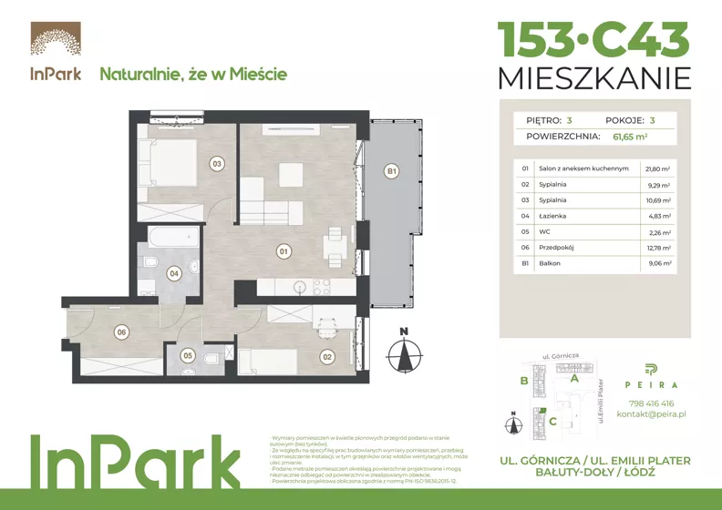 3 pokoje, mieszkanie 61,65 m², piętro 3, oferta nr 153, InPark, Łódź, Bałuty, ul. Górnicza 31