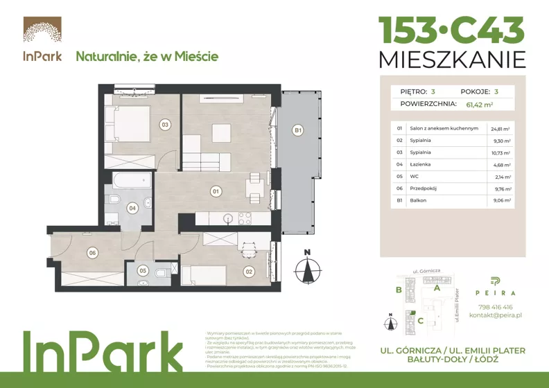 3 pokoje, mieszkanie 61,65 m², piętro 3, oferta nr 153, InPark, Łódź, Bałuty, ul. Górnicza 31