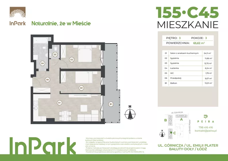 3 pokoje, mieszkanie 65,62 m², piętro 3, oferta nr 155, InPark, Łódź, Bałuty, ul. Górnicza 31