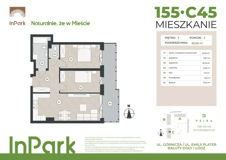 3 pokoje, mieszkanie 65,62 m², piętro 3, oferta nr 155, InPark, Łódź, Bałuty, ul. Górnicza 31