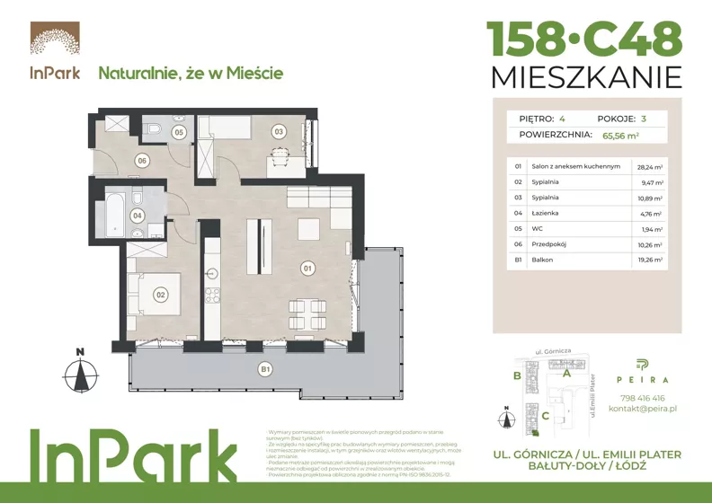 3 pokoje, mieszkanie 65,81 m², piętro 4, oferta nr 158, InPark, Łódź, Bałuty, ul. Górnicza 31