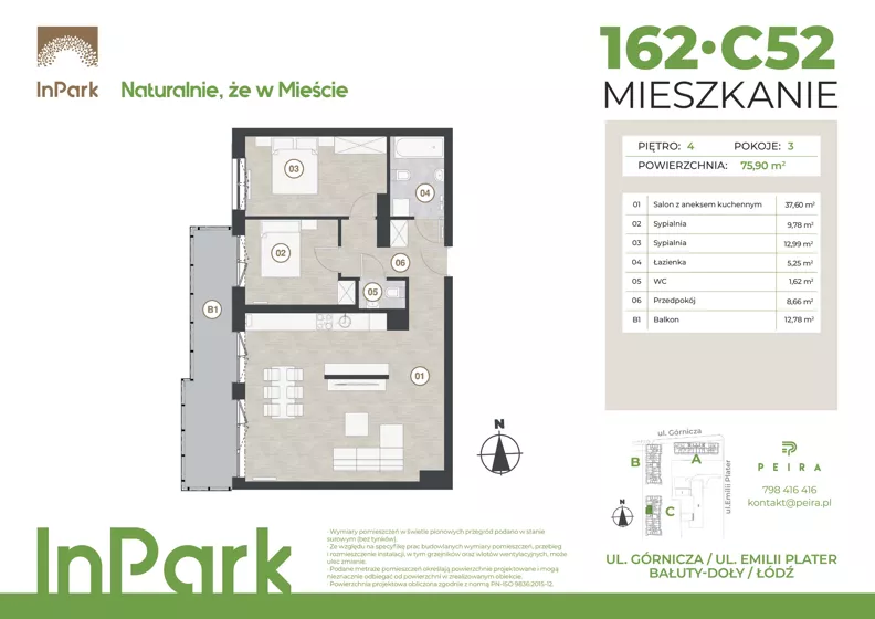3 pokoje, mieszkanie 75,90 m², piętro 4, oferta nr 162, InPark, Łódź, Bałuty, ul. Górnicza 31