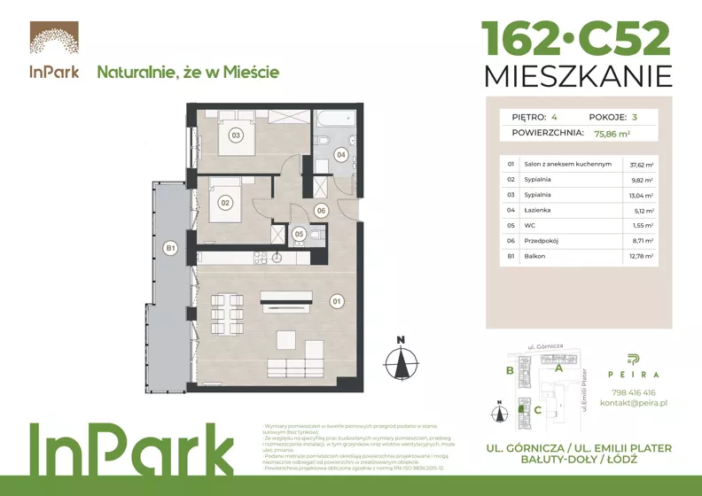 3 pokoje, mieszkanie 75,90 m², piętro 4, oferta nr 162, InPark, Łódź, Bałuty, ul. Górnicza 31