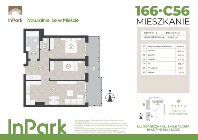3 pokoje, mieszkanie 65,62 m², piętro 4, oferta nr 166, InPark, Łódź, Bałuty, ul. Górnicza 31
