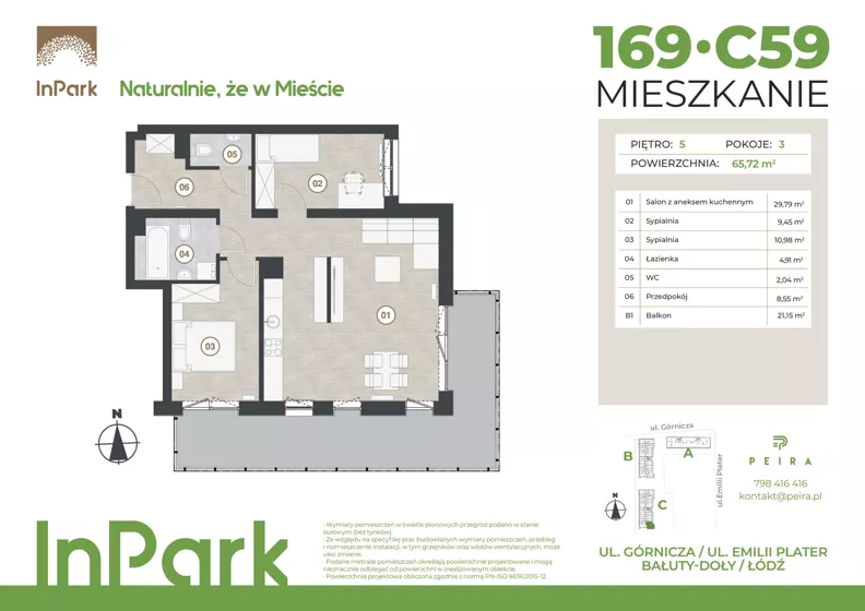 3 pokoje, mieszkanie 65,72 m², piętro 5, oferta nr 169, InPark, Łódź, Bałuty, ul. Górnicza 31