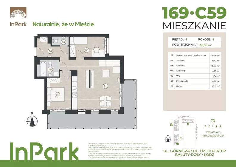 3 pokoje, mieszkanie 65,72 m², piętro 5, oferta nr 169, InPark, Łódź, Bałuty, ul. Górnicza 31