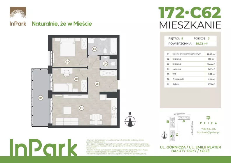 3 pokoje, mieszkanie 59,72 m², piętro 5, oferta nr 172, InPark, Łódź, Bałuty, ul. Górnicza 31