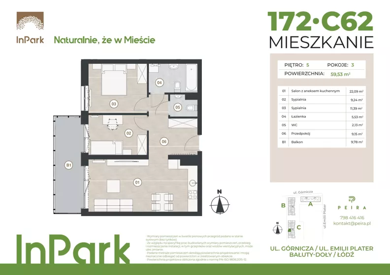 3 pokoje, mieszkanie 59,72 m², piętro 5, oferta nr 172, InPark, Łódź, Bałuty, ul. Górnicza 31