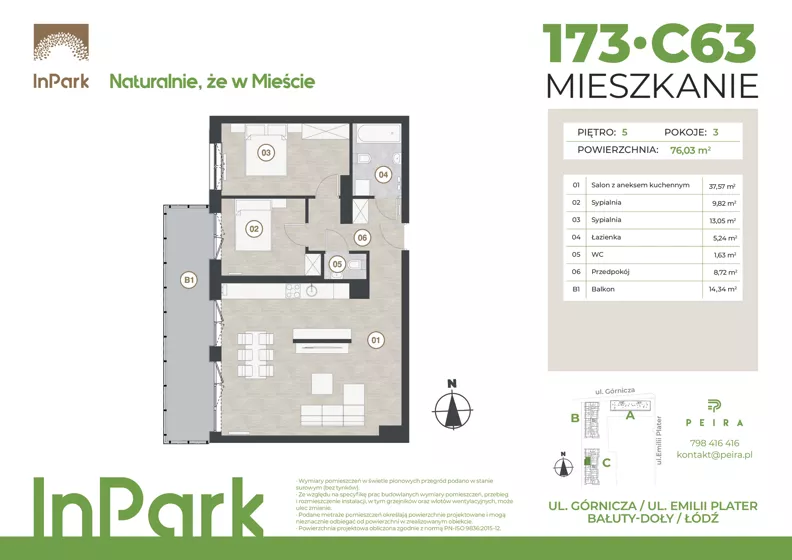 3 pokoje, mieszkanie 76,03 m², piętro 5, oferta nr 173, InPark, Łódź, Bałuty, ul. Górnicza 31