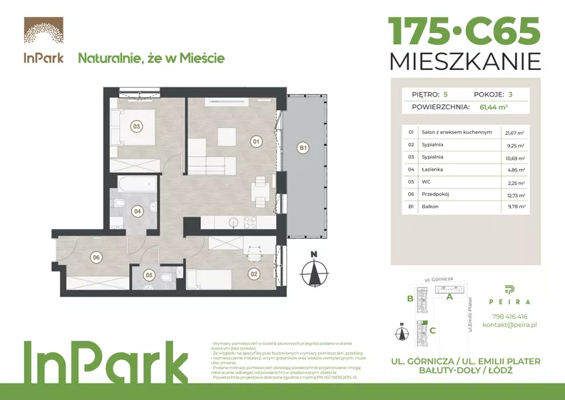3 pokoje, mieszkanie 61,44 m², piętro 5, oferta nr 175, InPark, Łódź, Bałuty, ul. Górnicza 31