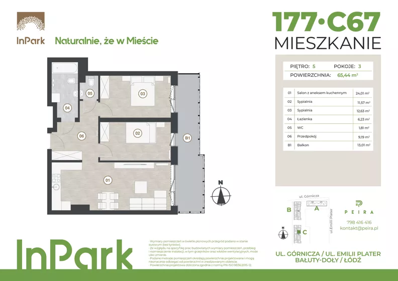 3 pokoje, mieszkanie 65,44 m², piętro 5, oferta nr 177, InPark, Łódź, Bałuty, ul. Górnicza 31