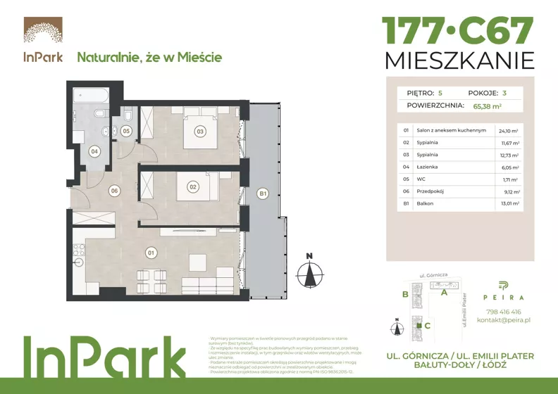 3 pokoje, mieszkanie 65,44 m², piętro 5, oferta nr 177, InPark, Łódź, Bałuty, ul. Górnicza 31