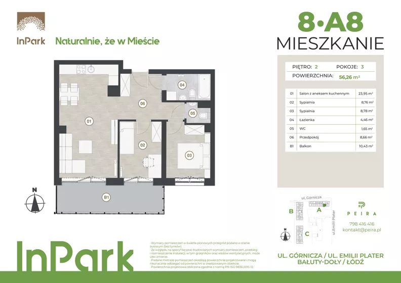 3 pokoje, mieszkanie 56,26 m², piętro 2, oferta nr 8, InPark, Łódź, Bałuty, ul. Górnicza 31