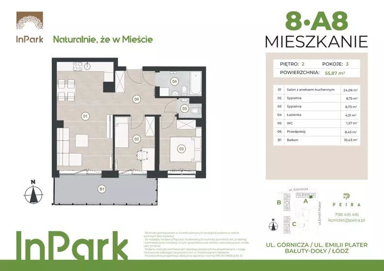 3 pokoje, mieszkanie 56,26 m², piętro 2, oferta nr 8, InPark, Łódź, Bałuty, ul. Górnicza 31
