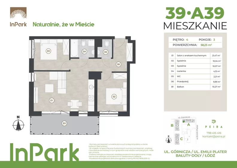 3 pokoje, mieszkanie 58,23 m², piętro 4, oferta nr 39, InPark, Łódź, Bałuty, ul. Górnicza 31
