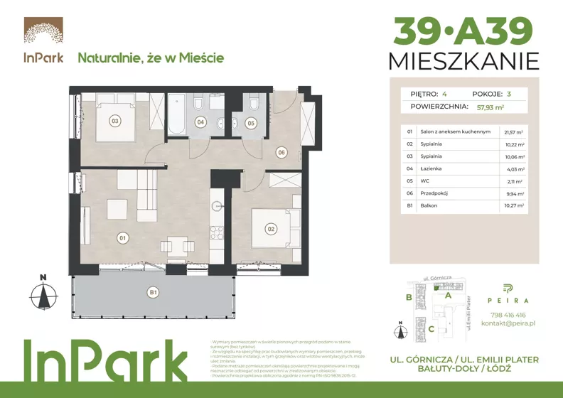 3 pokoje, mieszkanie 58,23 m², piętro 4, oferta nr 39, InPark, Łódź, Bałuty, ul. Górnicza 31