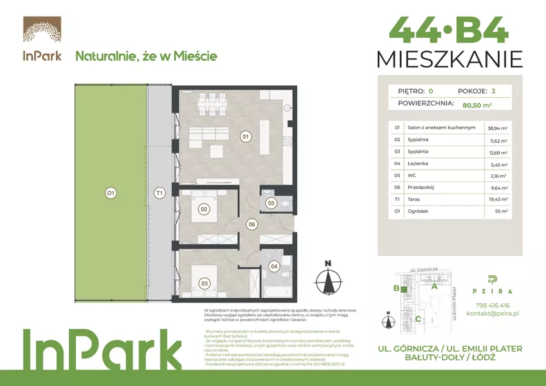 3 pokoje, mieszkanie 80,50 m², parter, oferta nr 44, InPark, Łódź, Bałuty, ul. Górnicza 31