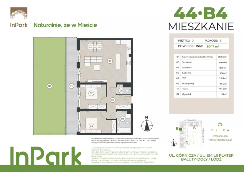 3 pokoje, mieszkanie 80,50 m², parter, oferta nr 44, InPark, Łódź, Bałuty, ul. Górnicza 31