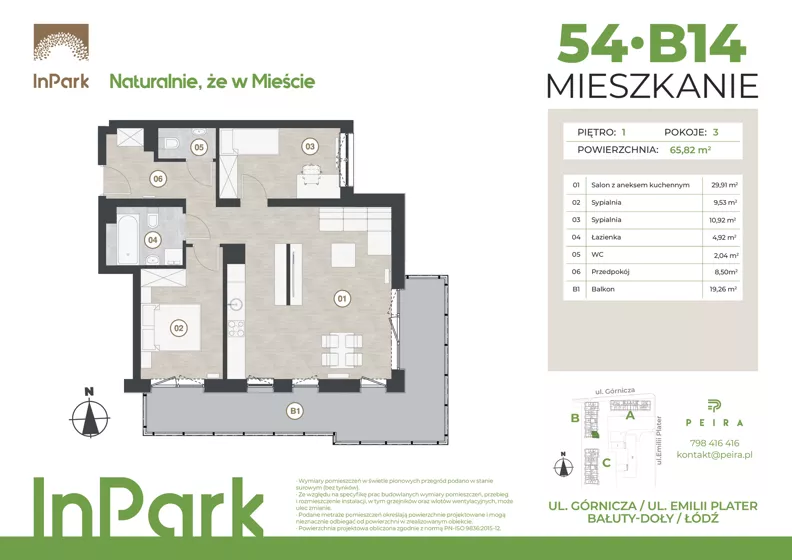 3 pokoje, mieszkanie 65,82 m², piętro 1, oferta nr 54, InPark, Łódź, Bałuty, ul. Górnicza 31