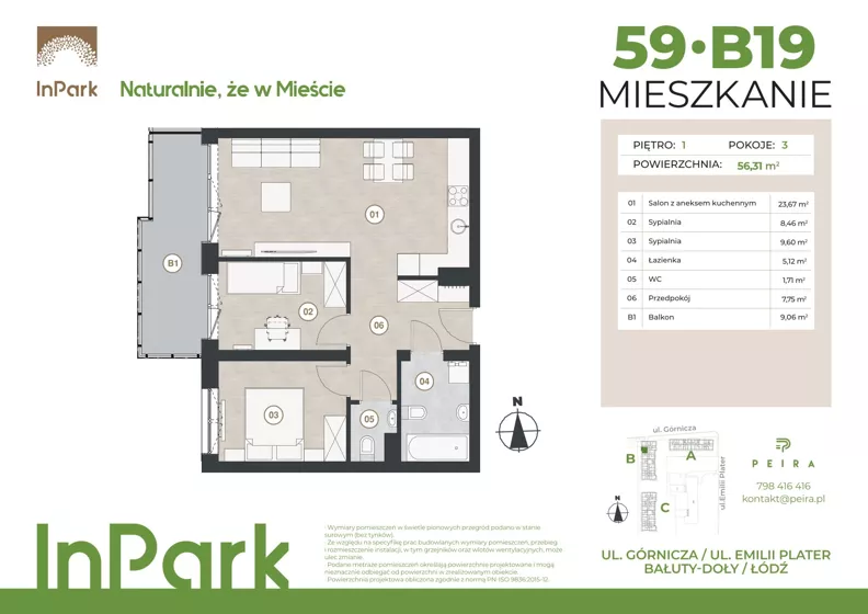 3 pokoje, mieszkanie 56,60 m², piętro 1, oferta nr 59, InPark, Łódź, Bałuty, ul. Górnicza 31