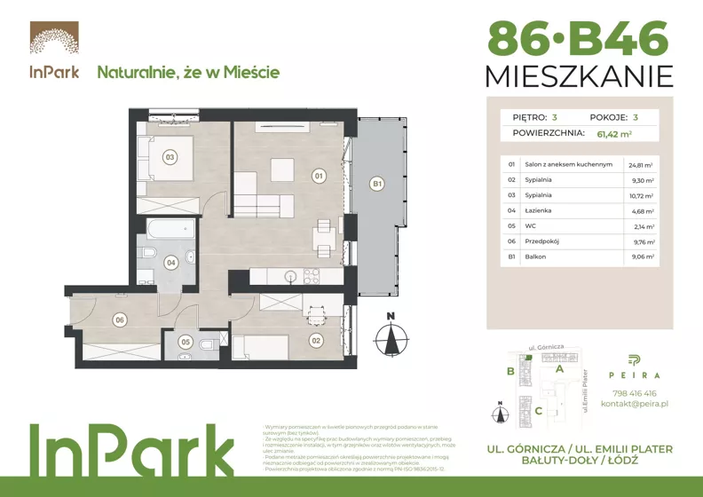 3 pokoje, mieszkanie 61,39 m², piętro 3, oferta nr 86, InPark, Łódź, Bałuty, ul. Górnicza 31