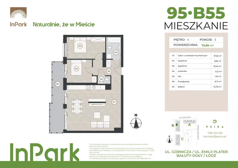 3 pokoje, mieszkanie 76,05 m², piętro 4, oferta nr 95, InPark, Łódź, Bałuty, ul. Górnicza 31