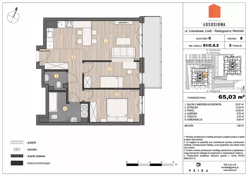 3 pokoje, mieszkanie 65,03 m², piętro 8, oferta nr 81, Osiedle Łososiowa, Łódź, Bałuty, Radogoszcz, ul. Okoniowa 11-13