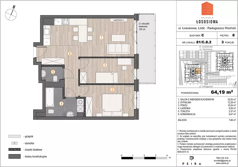 3 pokoje, mieszkanie 65,03 m², piętro 8, oferta nr 81, Osiedle Łososiowa, Łódź, Bałuty, Radogoszcz, ul. Okoniowa 11-13