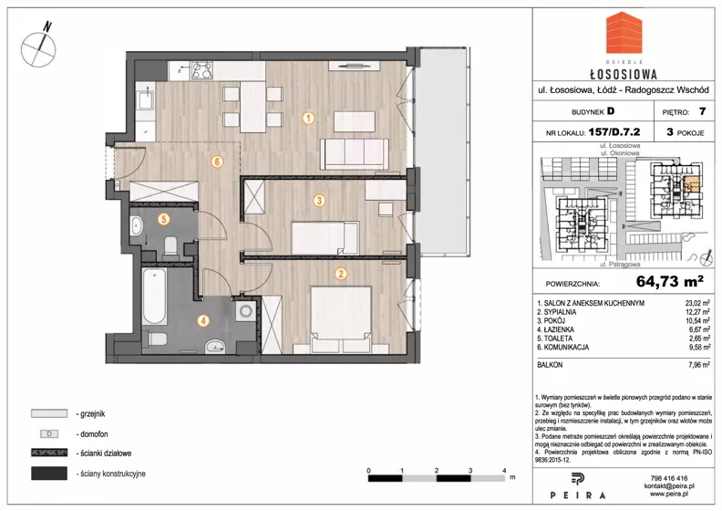 3 pokoje, mieszkanie 64,73 m², piętro 7, oferta nr 157, Osiedle Łososiowa, Łódź, Bałuty, Radogoszcz, ul. Okoniowa 11-13