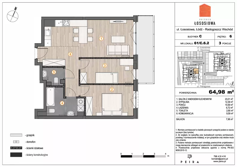 3 pokoje, mieszkanie 64,98 m², piętro 6, oferta nr 61, Osiedle Łososiowa, Łódź, Bałuty, Radogoszcz, ul. Okoniowa 11-13