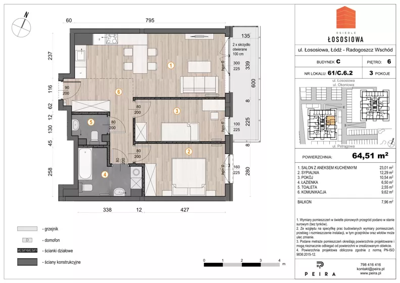 3 pokoje, mieszkanie 64,98 m², piętro 6, oferta nr 61, Osiedle Łososiowa, Łódź, Bałuty, Radogoszcz, ul. Okoniowa 11-13