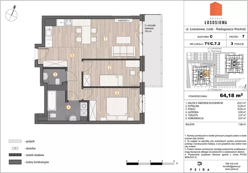 3 pokoje, mieszkanie 65,04 m², piętro 7, oferta nr 71, Osiedle Łososiowa, Łódź, Bałuty, Radogoszcz, ul. Okoniowa 11-13