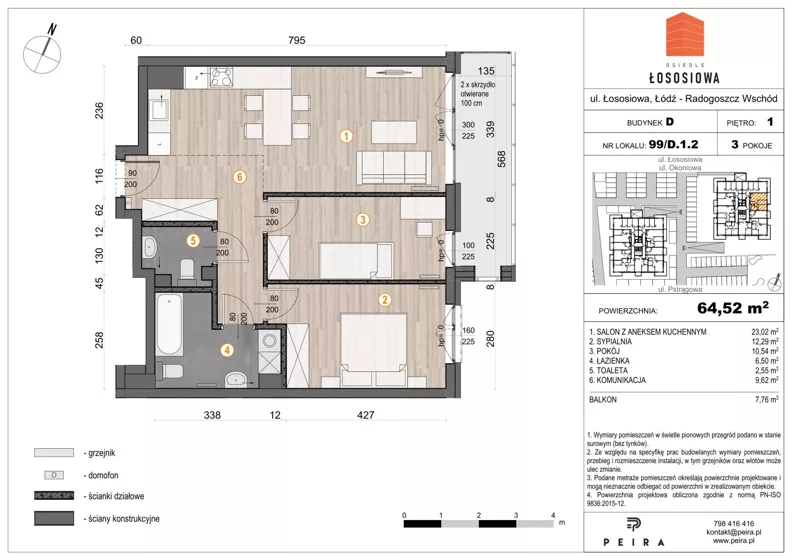 3 pokoje, mieszkanie 64,93 m², piętro 1, oferta nr 99, Osiedle Łososiowa, Łódź, Bałuty, Radogoszcz, ul. Okoniowa 11-13