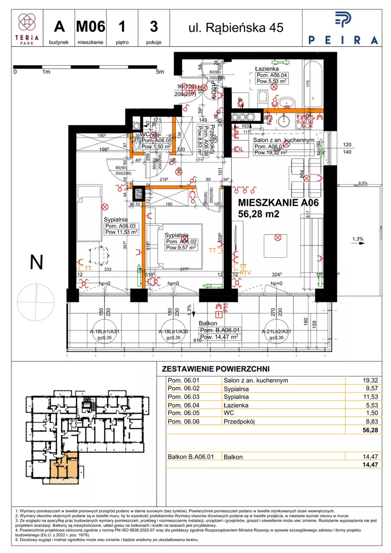 3 pokoje, mieszkanie 56,28 m², piętro 1, oferta nr A06, Teria Park, Łódź, Polesie, Złotno, ul. Rąbieńska 45