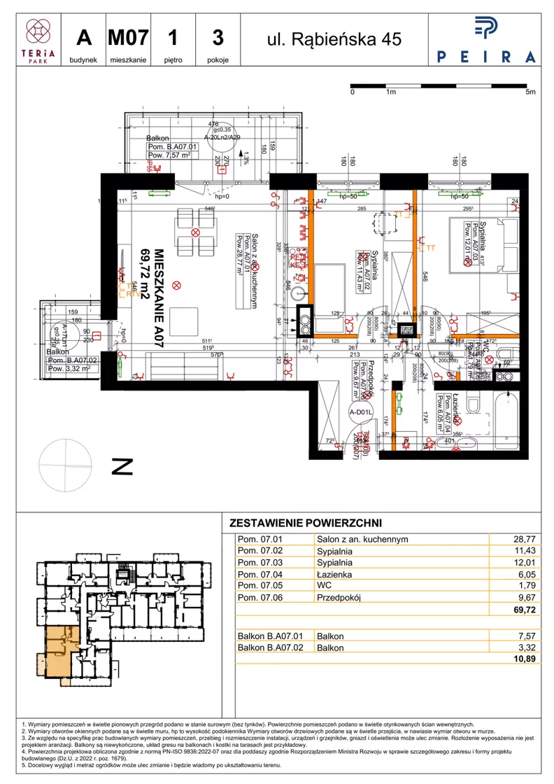 3 pokoje, mieszkanie 69,72 m², piętro 1, oferta nr A07, Teria Park, Łódź, Polesie, Złotno, ul. Rąbieńska 45