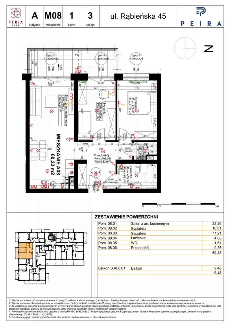 3 pokoje, mieszkanie 60,23 m², piętro 1, oferta nr A08, Teria Park, Łódź, Polesie, Złotno, ul. Rąbieńska 45