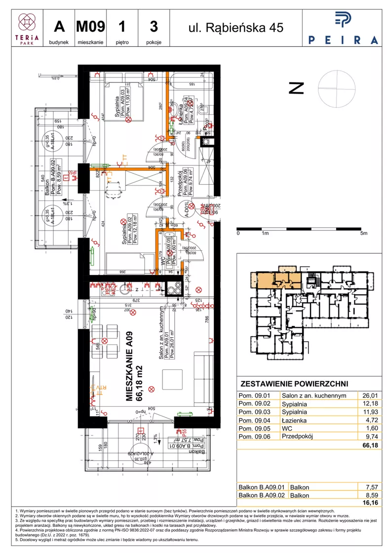 3 pokoje, mieszkanie 66,18 m², piętro 1, oferta nr A09, Teria Park, Łódź, Polesie, Złotno, ul. Rąbieńska 45
