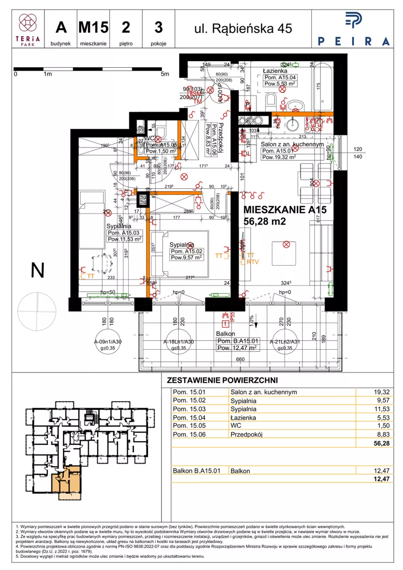 3 pokoje, mieszkanie 56,28 m², piętro 2, oferta nr A15, Teria Park, Łódź, Polesie, Złotno, ul. Rąbieńska 45