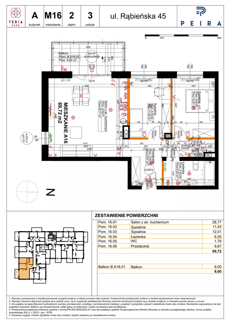 3 pokoje, mieszkanie 69,72 m², piętro 2, oferta nr A16, Teria Park, Łódź, Polesie, Złotno, ul. Rąbieńska 45