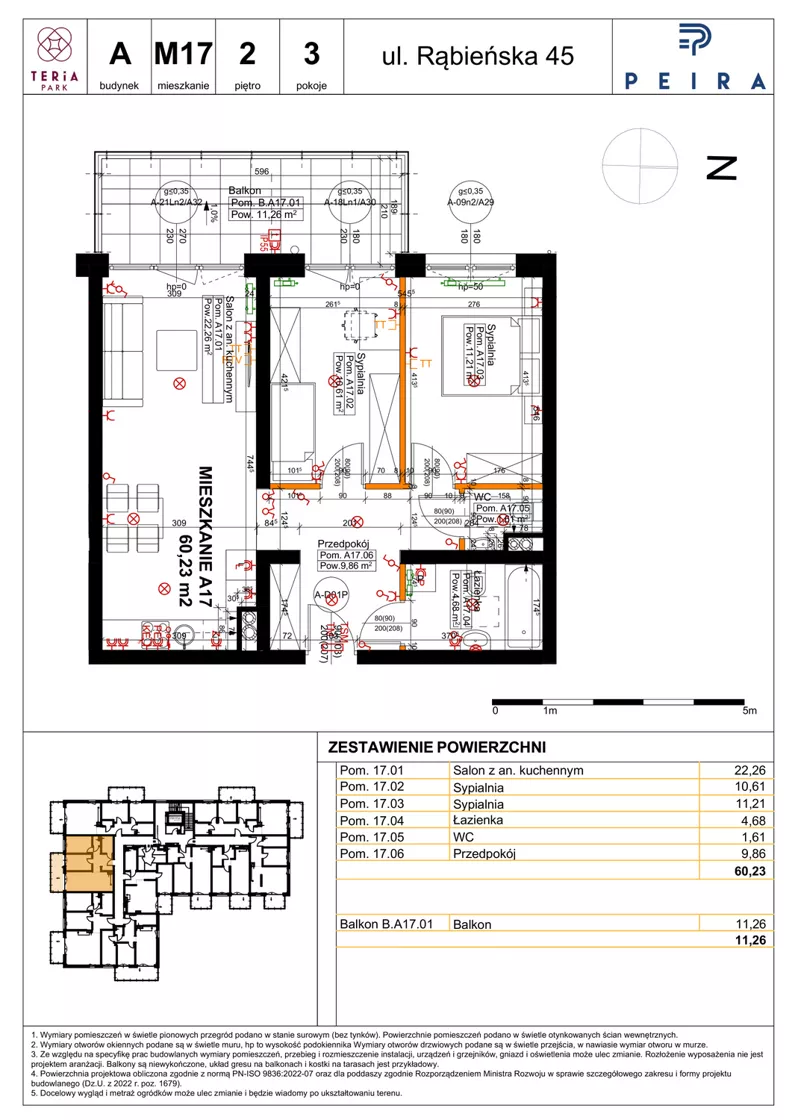 3 pokoje, mieszkanie 60,23 m², piętro 2, oferta nr A17, Teria Park, Łódź, Polesie, Złotno, ul. Rąbieńska 45