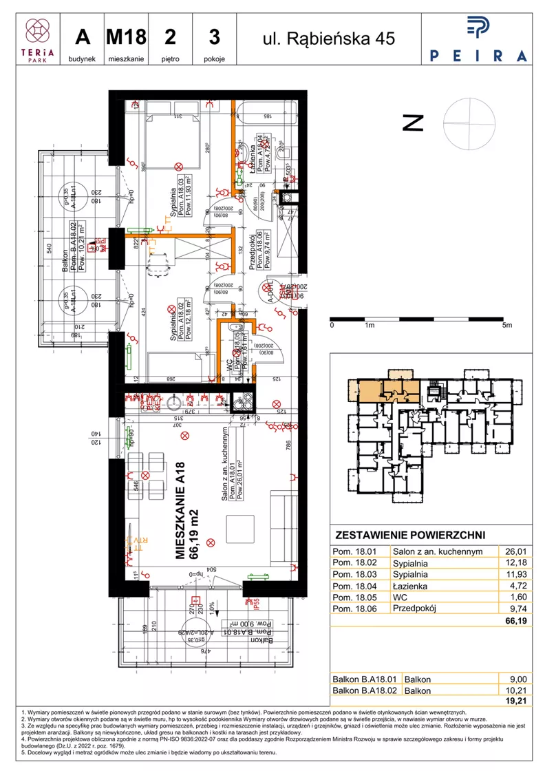 3 pokoje, mieszkanie 66,19 m², piętro 2, oferta nr A18, Teria Park, Łódź, Polesie, Złotno, ul. Rąbieńska 45