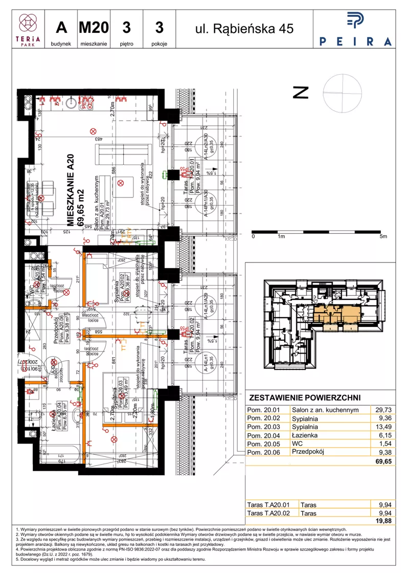3 pokoje, mieszkanie 69,65 m², piętro 3, oferta nr A20, Teria Park, Łódź, Polesie, Złotno, ul. Rąbieńska 45