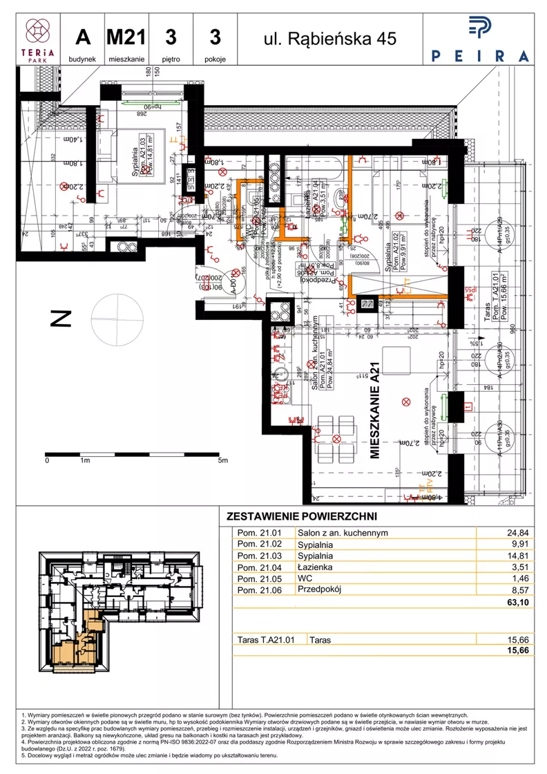3 pokoje, mieszkanie 63,10 m², piętro 3, oferta nr A21, Teria Park, Łódź, Polesie, Złotno, ul. Rąbieńska 45