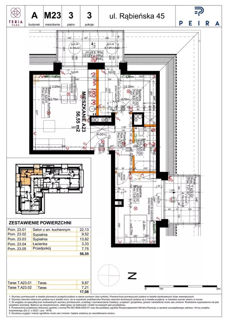 3 pokoje, mieszkanie 56,55 m², piętro 3, oferta nr A23, Teria Park, Łódź, Polesie, Złotno, ul. Rąbieńska 45