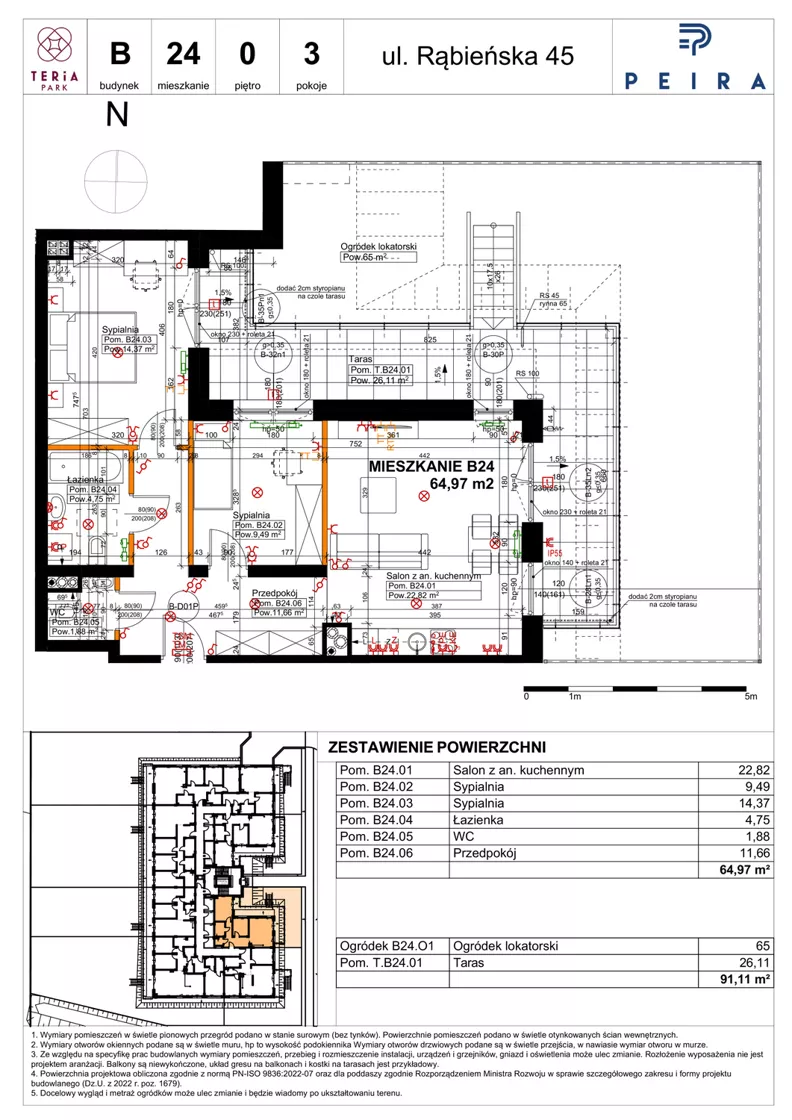3 pokoje, mieszkanie 64,97 m², parter, oferta nr B24, Teria Park, Łódź, Polesie, Złotno, ul. Rąbieńska 45