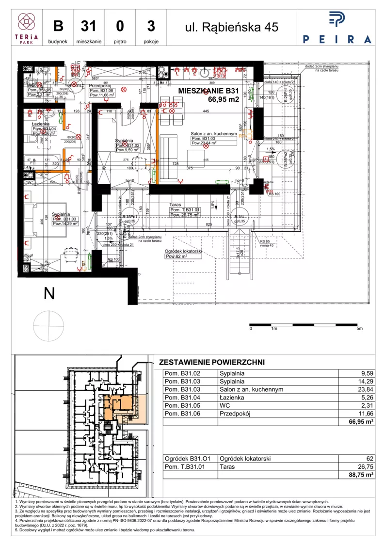 3 pokoje, mieszkanie 66,95 m², parter, oferta nr B31, Teria Park, Łódź, Polesie, Złotno, ul. Rąbieńska 45