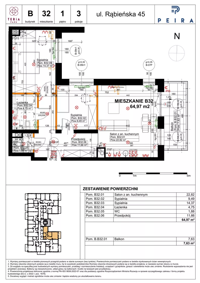3 pokoje, mieszkanie 64,97 m², piętro 1, oferta nr B32, Teria Park, Łódź, Polesie, Złotno, ul. Rąbieńska 45