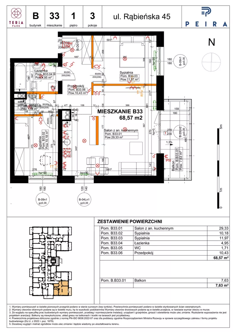 3 pokoje, mieszkanie 68,57 m², piętro 1, oferta nr B33, Teria Park, Łódź, Polesie, Złotno, ul. Rąbieńska 45