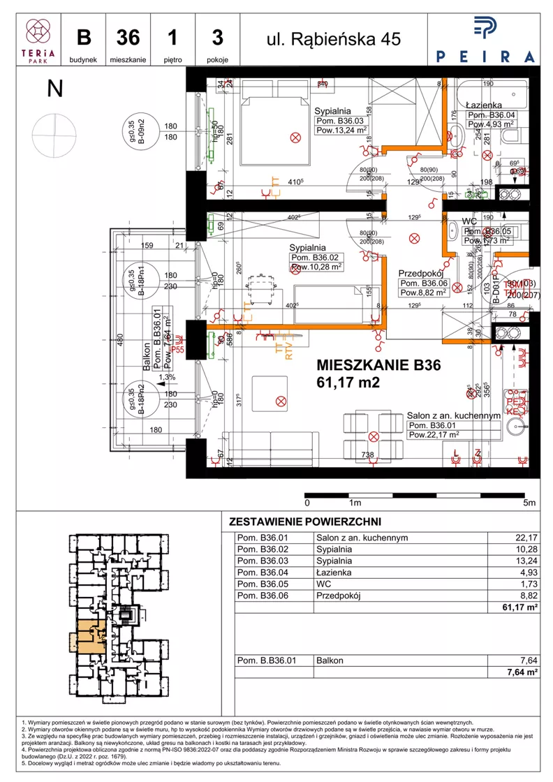 3 pokoje, mieszkanie 61,17 m², piętro 1, oferta nr B36, Teria Park, Łódź, Polesie, Złotno, ul. Rąbieńska 45